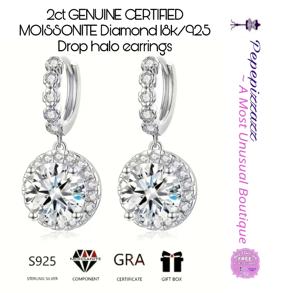 2ct CERTIFIED GENUINE MOISSONITE Diamond 18k/925 Drop halo earrings